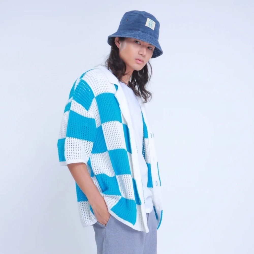 Milkwear Crochet Unisex Checkered Knot Polo Button Down Shirt Blue White XLarge - Picture 2 of 8